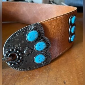 Wide Waist Belt Genuine Leather with Turquoise